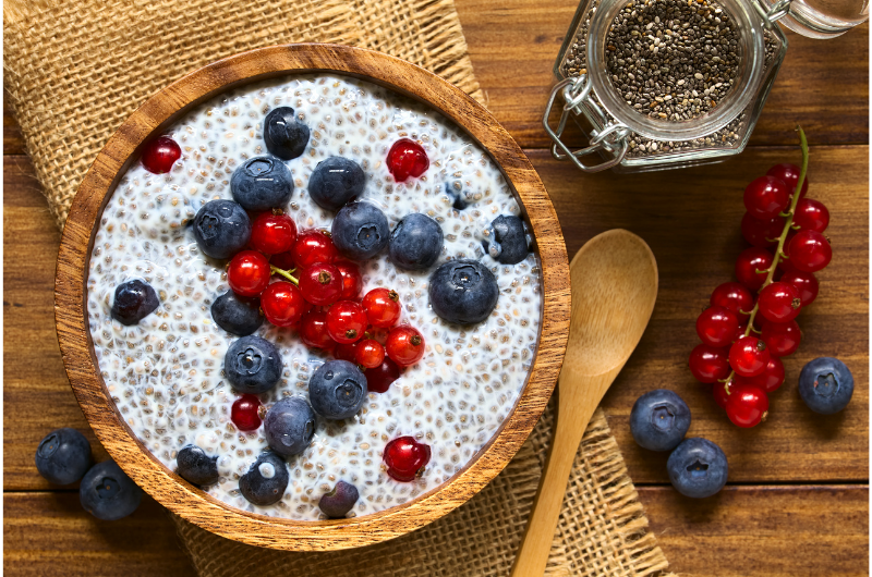 A bowl of chia pudding with fruit